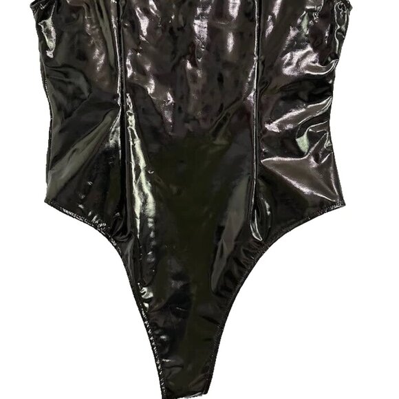 Elegant Women’s Black Shiny Bodysuit One-Piece Swimsuit with Thin Straps - Picture 4 of 8